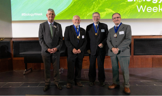 President's Medal recipients on stage with the President and Chief Executive of the RSB